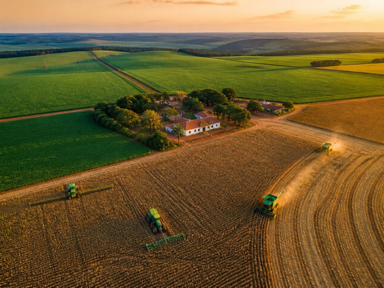 Vista aérea de fazenda com plantio extenso e máquinas agrícolas trabalhando ao entardecer