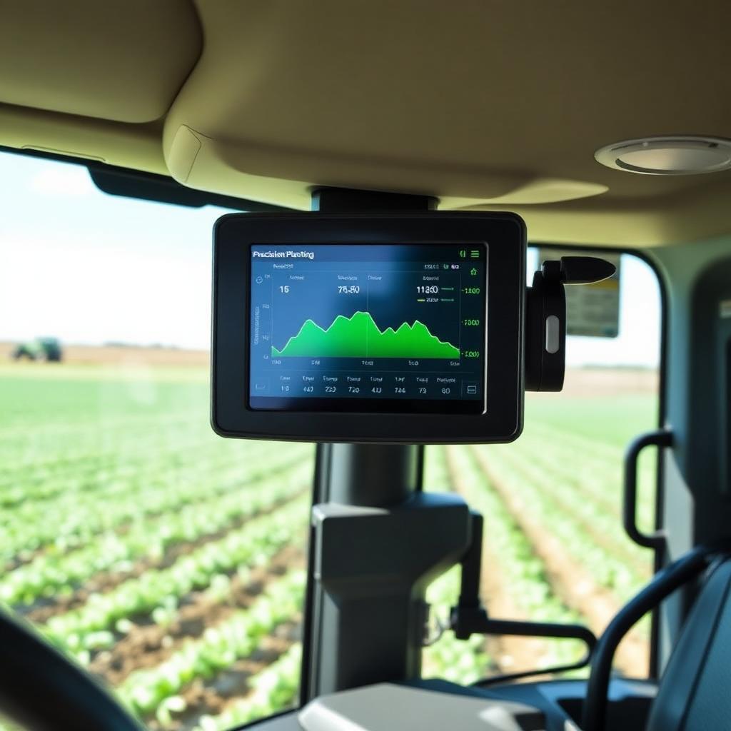 Monitor 20|20 SeedSense da Precision Planting instalado em cabine de trator, mostrando dados de plantio em tempo real